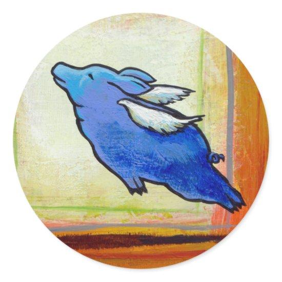 Titled:  Little Blue Pig - flying hope faith ART Classic Round Sticker