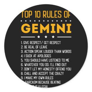 Top 10 Rules Of Gemini May 21 June 21 Zodiac Classic Round Sticker