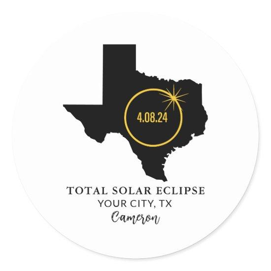 Total Solar Eclipse 2024 Custom Name, City Texas Classic Round Sticker