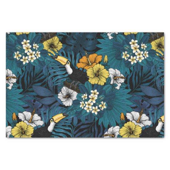 Toucans and tropical flora, blue , yellow , orange tissue paper