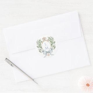 Traditional Leaf Crest w/ Bow | Monogram Wedding Classic Round Sticker