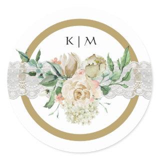 Traditional White Gold Roses Floral Lace Wedding Classic Round Sticker
