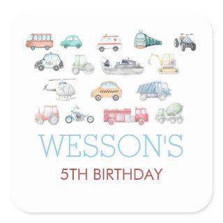 Transportation Birthday sticker, Classic Round Sti Square Sticker