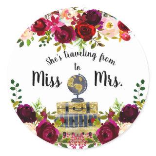 Traveling from Miss to Mrs bridal shower favor  Classic Round Sticker