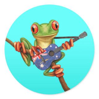 Tree Frog Playing Australian Flag Guitar Blue Classic Round Sticker