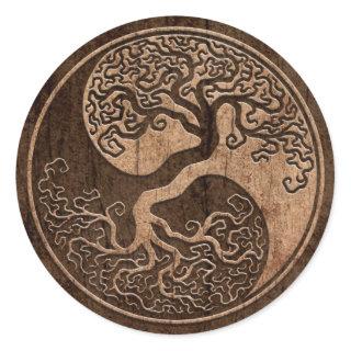 Tree of Life Yin Yang with Wood Grain Effect Classic Round Sticker