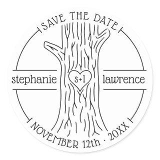 Tree Trunk Initials | Rustic Wedding Save The Date Classic Round Sticker