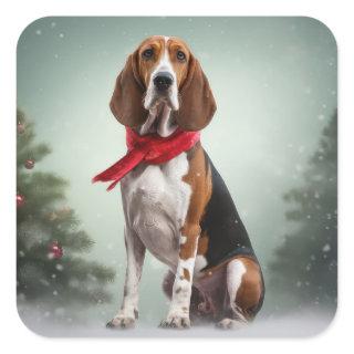 Treeing Walker Coonhound Dog in Snow Christmas Square Sticker