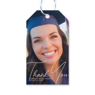 Trendy 2023 Graduation Photo White Script Party Gift Tags