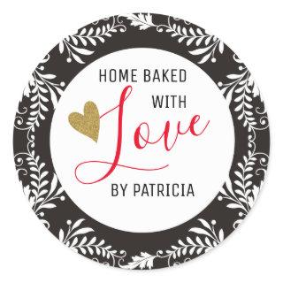 Trendy Baked With love Black And White Classic Round Sticker