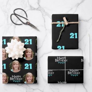 Trendy Black Teal Photo Collage 21st Birthday  Sheets
