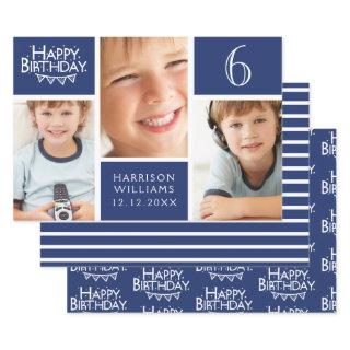 Trendy Blue Stripe Photo Collage Happy Birthday  Sheets