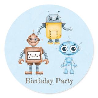 Trendy Colorful Robots Boy Birthday Party Classic Round Sticker