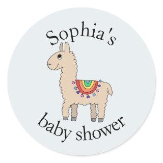Trendy Cute Rainbow Llama Name Baby Shower Classic Round Sticker