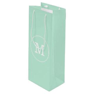 Trendy Elegant Mint Green Template White Monogram Wine Gift Bag