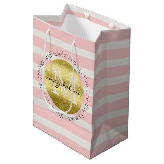 Trendy Monogram Gold Glitter Blush Pink Stripes Medium Gift Bag