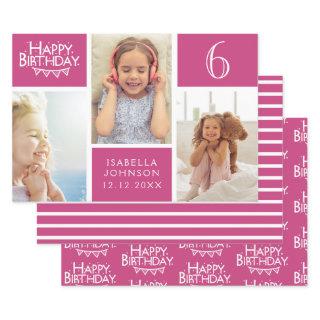 Trendy Pink Stripe Photo Collage Happy Birthday  Sheets
