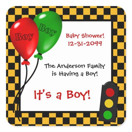 Trendy Race Car Checkers Boy Baby Shower Square Sticker
