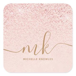Trendy Rose Gold Glitter Fancy Initials and Name Square Sticker