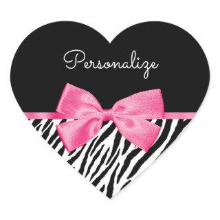 Trendy Zebra Print Chic Hot Pink Bow and Name Heart Sticker