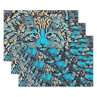 Tribal Cat Blue Yellow Mosaic Abstract Decoupage  Sheets