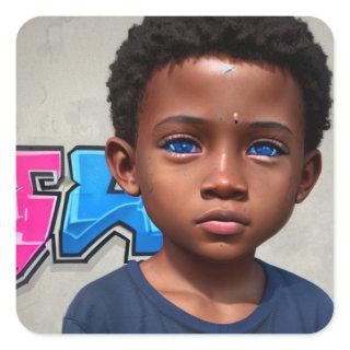 Tribal Kids | Little Boy of Color with Blue Eyes Square Sticker