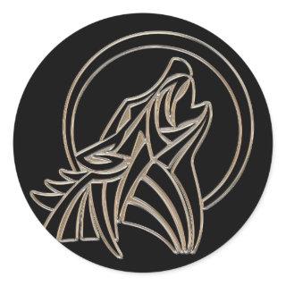 Tribal Metallic Howling Wolf Emblem Classic Round Sticker