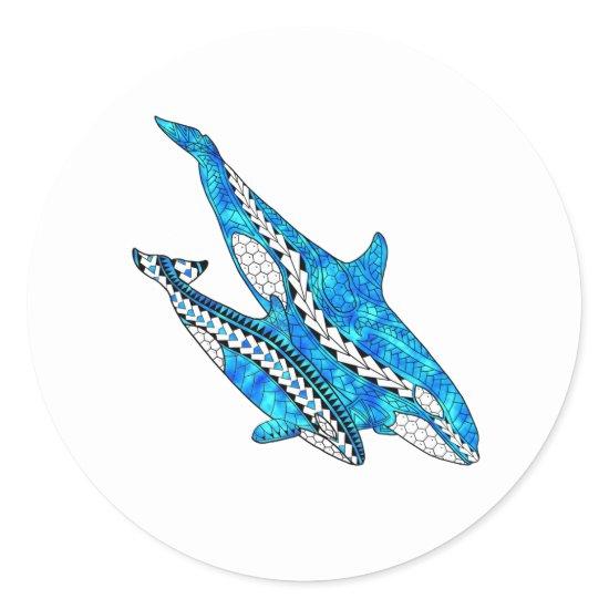 Tribal Orca Whales Classic Round Sticker