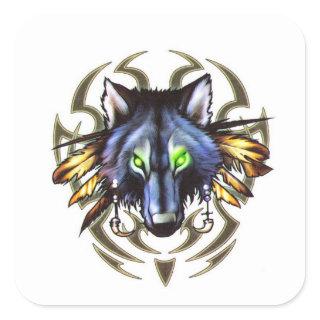 Tribal wolf tattoo design square sticker