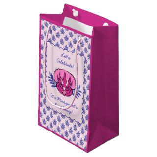 Triceratops Pretty Pink Dinosaur and Leaf Pattern Small Gift Bag