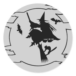 Trick or Treat Witch on Broom w/ Bats + Black Cat Classic Round Sticker