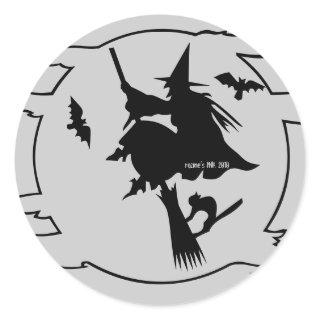 Trick or Treat Witch on Broom w/ Bats + Black Cat Classic Round Sticker