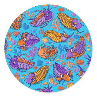 Trilobites on light blue background (kids pattern) classic round sticker