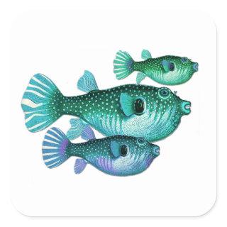 Trio of Blue Green Puffer Fish Square Sticker