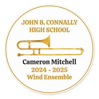 Trombone High School Band Gold Personalized Classic Round Sticker