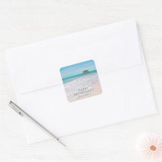 Tropical Beach Custom "Happy Retirement" Party Square Sticker