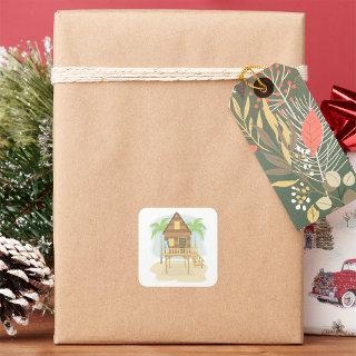Tropical Beach Hut Surfboards and Palm Trees Square Sticker