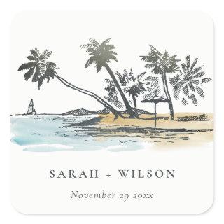 Tropical Beach Palm Tree Sketch Watercolor Wedding Square Sticker