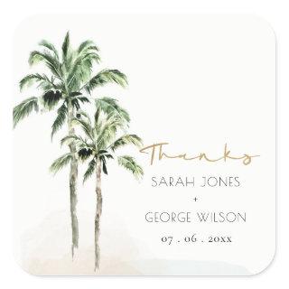 Tropical Beach Palm Tree Watercolor Wedding Thanks Square Sticker