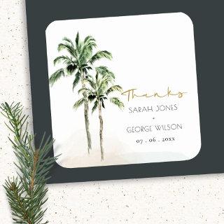 Tropical Beach Palm Tree Watercolor Wedding Thanks Square Sticker