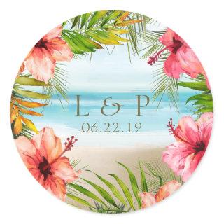 Tropical Beach Twilight | Hibiscus Floral Wedding Classic Round Sticker