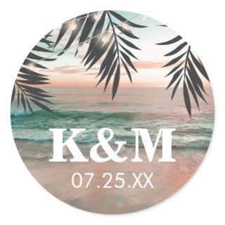 Tropical Beach Wedding | String of Lights Monogram Classic Round Sticker