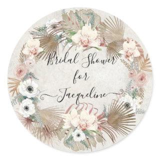 Tropical Beach White Floral Muted Greenery Foliage Classic Round Sticker