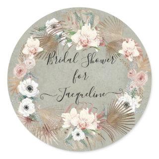Tropical Beach White Floral Sage Greenery Foliage Classic Round Sticker