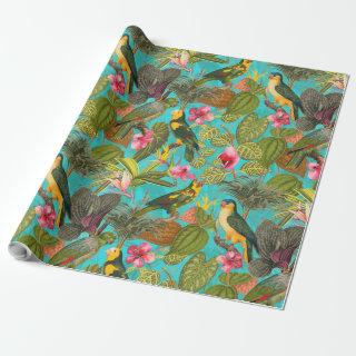 Tropical birds and flowers in Jungle pattern -teal