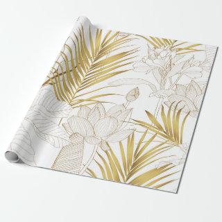 Tropical exotic floral line golden palm leaves and
