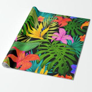 Tropical flower and palm leaf Hawaiian colorful