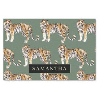 Tropical Green Watercolor Tigers Pattern With Name Tissue Paper