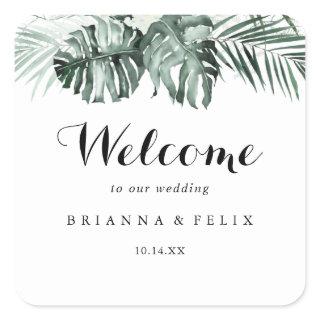 Tropical Greenery White Floral Wedding Welcome Square Sticker