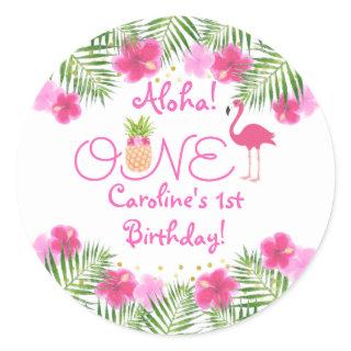 Tropical Luau Flamingo Pineapple First Birthday Classic Round Sticker